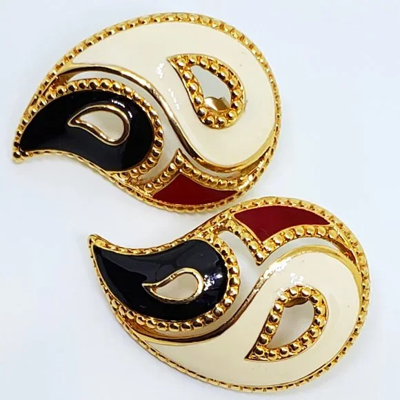 Vintage AVON Contrast Kaleidoscope Red Black Cream Enamel Gold Pierced Earrings - Picture 4 of 10